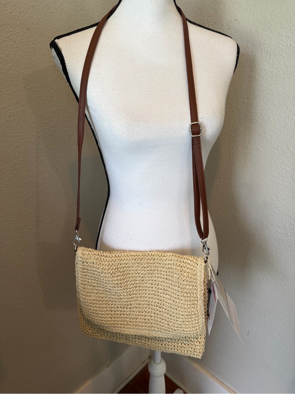 Straw Crossbody Bag with Brown Strap - Natural